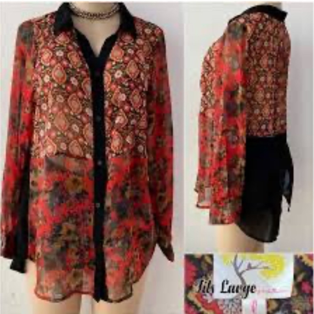 Figueroa‎ & Flower Red Floral Sheer Mixed Print Sheer Button Front Blouse Medium